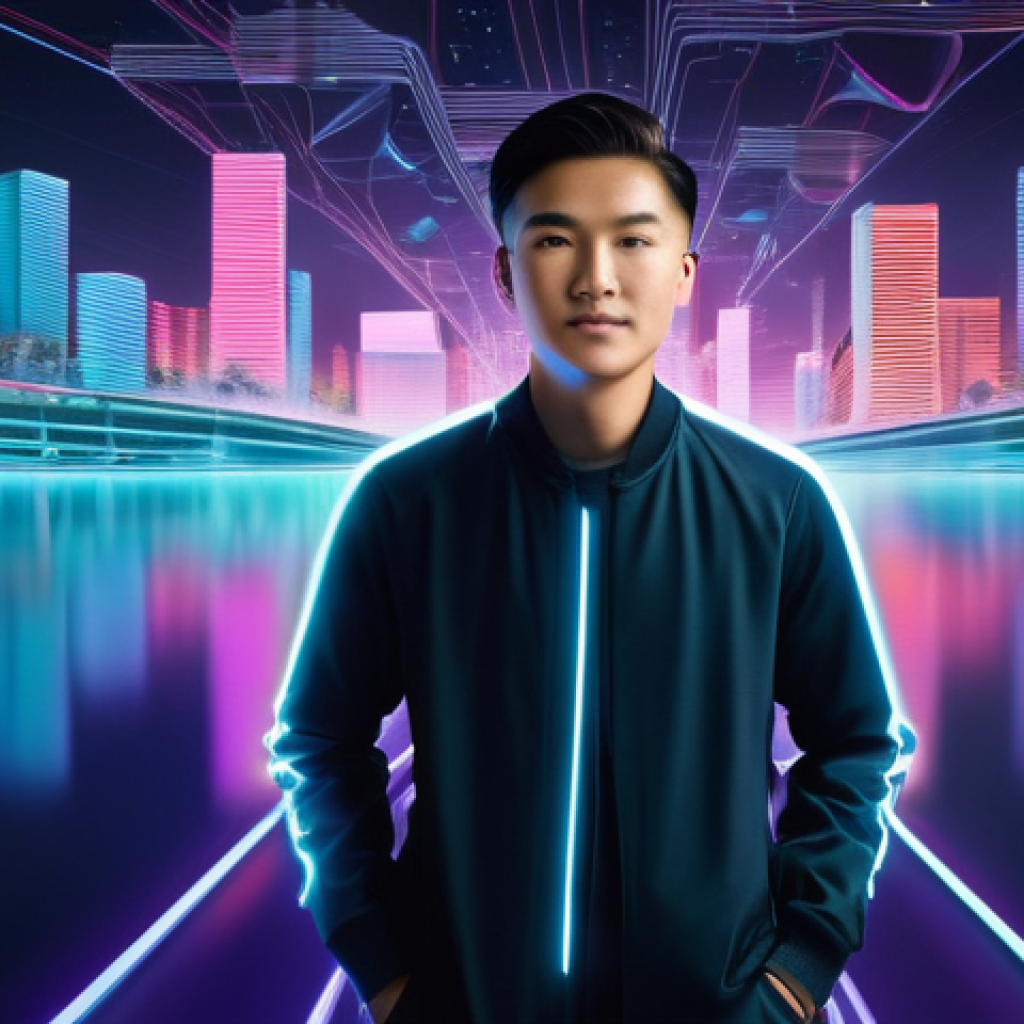 미디어 프로듀서로서 성공하기 위한 자세 - **Prompt:** A young adult, gender-neutral content creator, stands confidently on a dynamically shift...