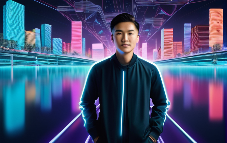 미디어 프로듀서로서 성공하기 위한 자세 - **Prompt:** A young adult, gender-neutral content creator, stands confidently on a dynamically shift...