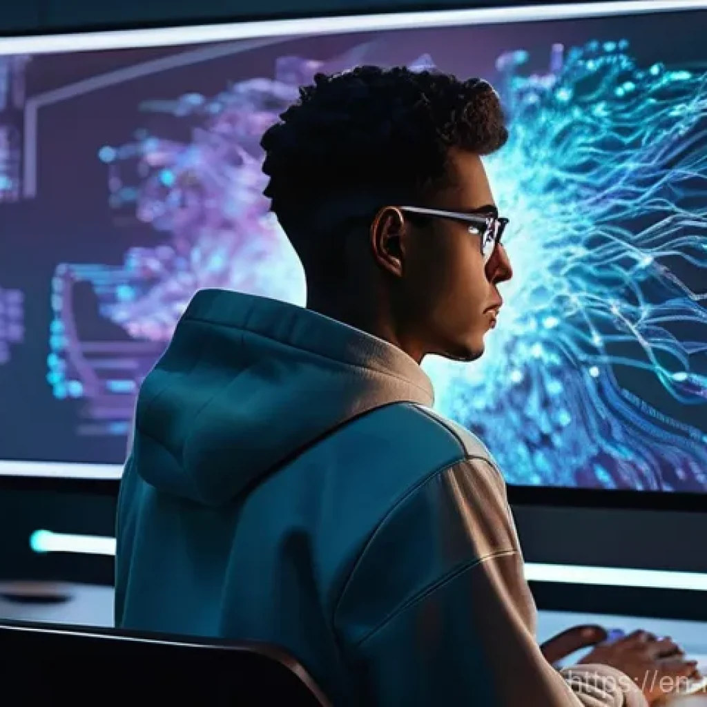 미디어 프로듀서가 마주하는 윤리적 문제 - **Prompt:** A thought-provoking digital painting depicting a young, casually dressed software engine...