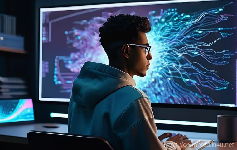 미디어 프로듀서가 마주하는 윤리적 문제 - **Prompt:** A thought-provoking digital painting depicting a young, casually dressed software engine...