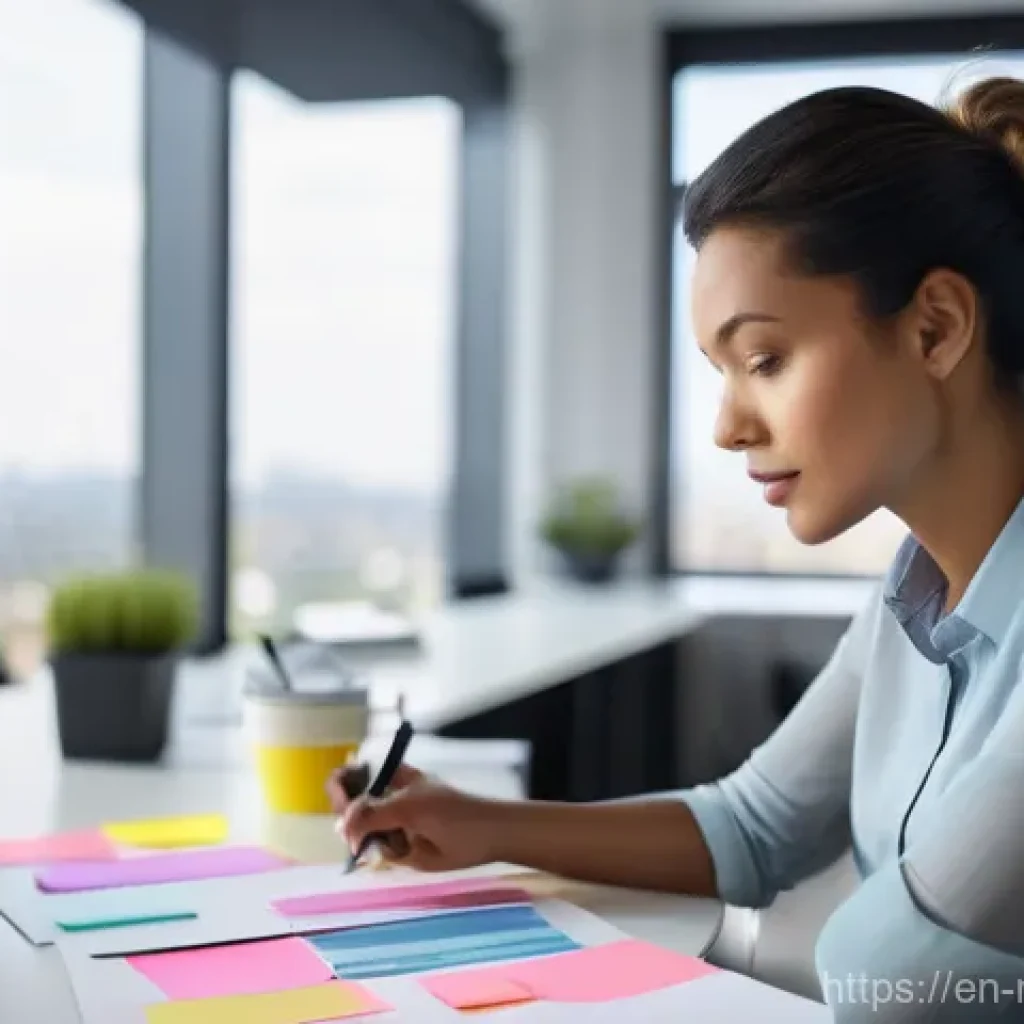 미디어 프로듀서의 커리어 전환 성공 사례 - **Prompt: "A focused, professional woman in her early 30s, dressed in smart business casual (blouse ...