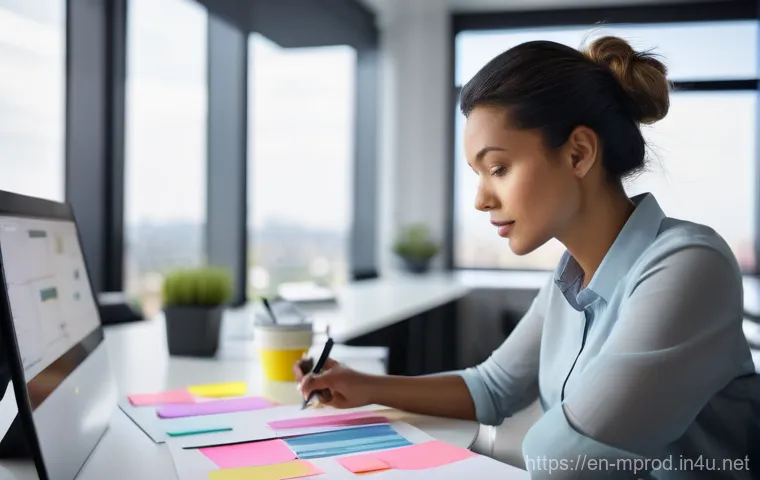 미디어 프로듀서의 커리어 전환 성공 사례 - **Prompt: "A focused, professional woman in her early 30s, dressed in smart business casual (blouse ...