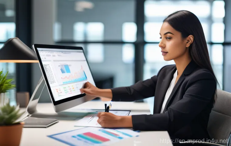 미디어 프로듀서 이직 성공 전략 - A focused young professional, dressed in smart business casual attire, sits at a modern, ergonomic d...