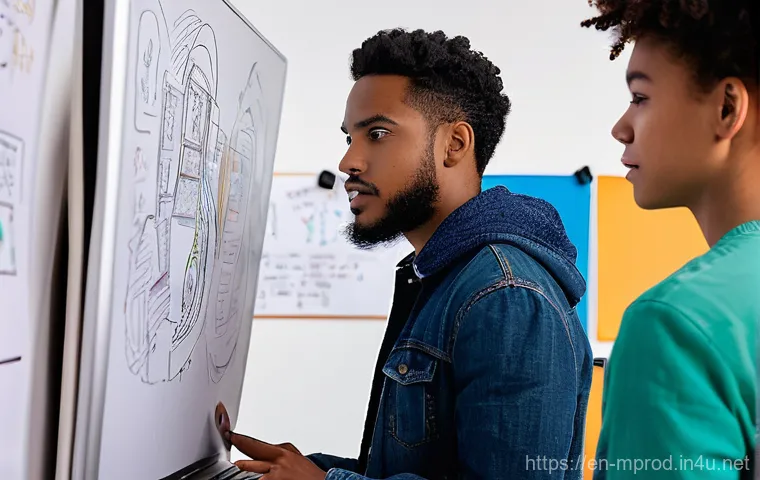 미디어 프로듀서 이직 성공 전략 - A focused young professional, dressed in smart business casual attire, sits at a modern, ergonomic d...