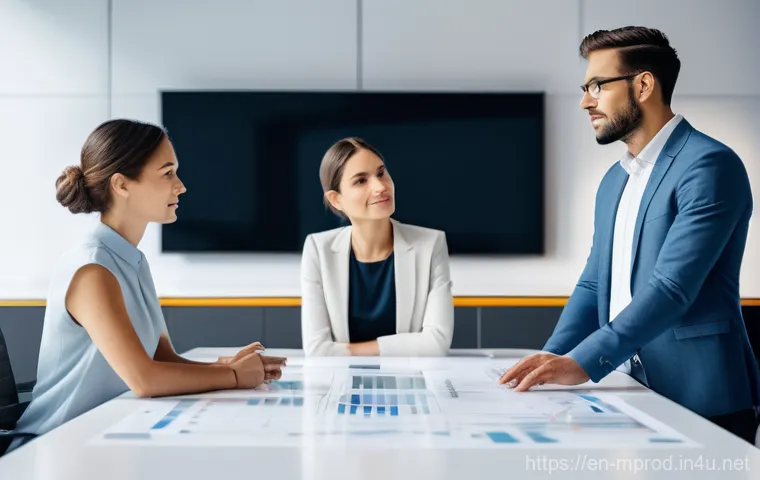 미디어 프로듀서 이직 성공 전략 - A diverse group of three young adults, dressed in trendy, casual fashion, are immersed in a dynamic ...