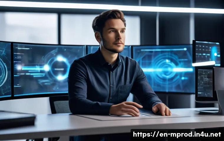 미디어 프로듀서가 준비해야 할 미래 기술 - A focused media producer, male, in his late 20s, wearing smart-casual attire (collared shirt, jeans)...