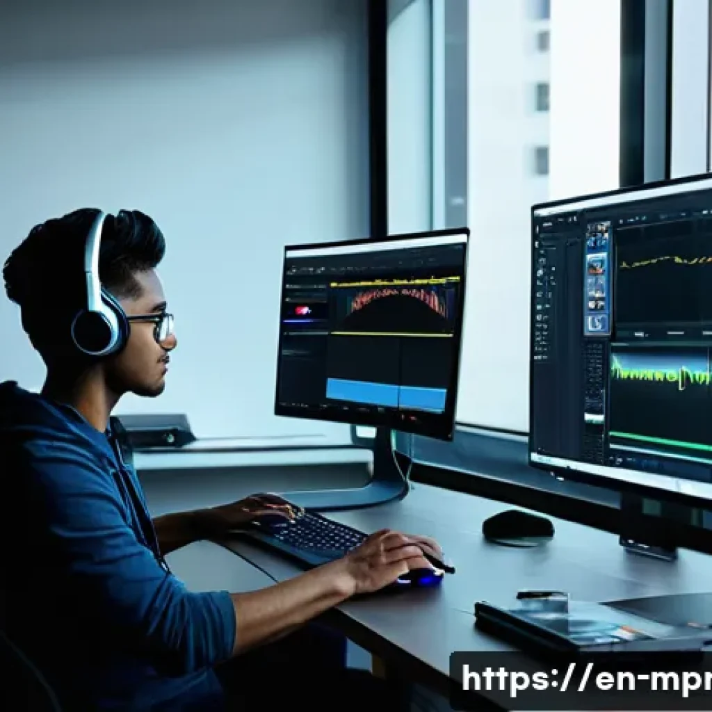 미디어 프로듀서가 되기 위한 학습 계획 - A modern media production studio scene showing a young professional editor deeply focused on a large...