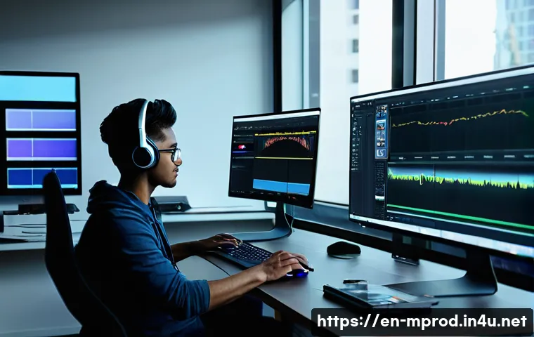 미디어 프로듀서가 되기 위한 학습 계획 - A modern media production studio scene showing a young professional editor deeply focused on a large...