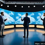 미디어 프로듀서 경력의 도약 방법 - A modern media production studio environment featuring a diverse team of professionals collaborating...