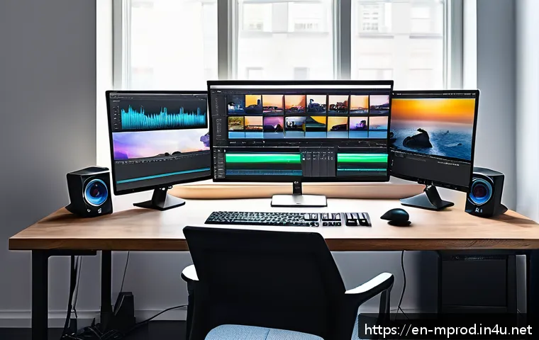 미디어 프로듀서로 성공하기 위한 커리어 로드맵 - A modern media producer&rsquo;s workspace featuring dual monitors displaying video editing software like A...