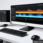 미디어 프로듀서 영상 편집 실무 팁 - A modern video editing workspace featuring a sleek multi-monitor setup displaying a color-coded time...