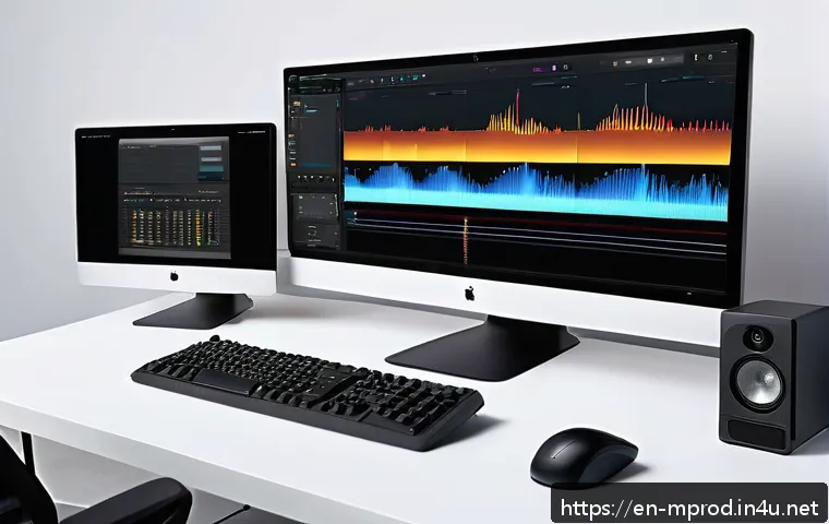 미디어 프로듀서 영상 편집 실무 팁 - A modern video editing workspace featuring a sleek multi-monitor setup displaying a color-coded time...
