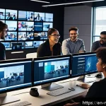 미디어 프로듀서가 알아야 할 기본 지식 - A diverse group of creative professionals collaborating in a modern media studio, surrounded by high...