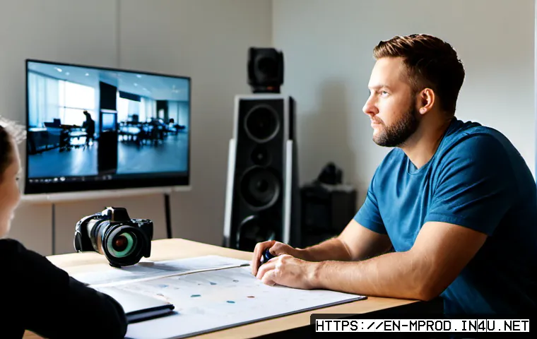 미디어 프로듀서의 전문적 경력 개발 - Photorealistic media producer in a modern North American production office, confidently reviewing a ...
